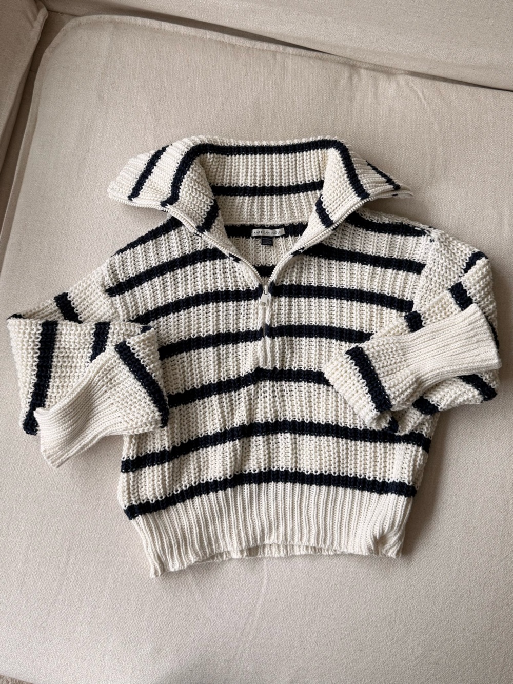 American Eagle Outfitters Striped Half-Zip Turtleneck Sweater - White & Black